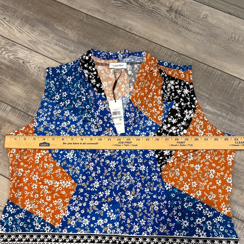 Calvin Klein Floral Patchwork Sleeveless Blouse Blue Orange Black NWT 1X - Picture 4 of 7